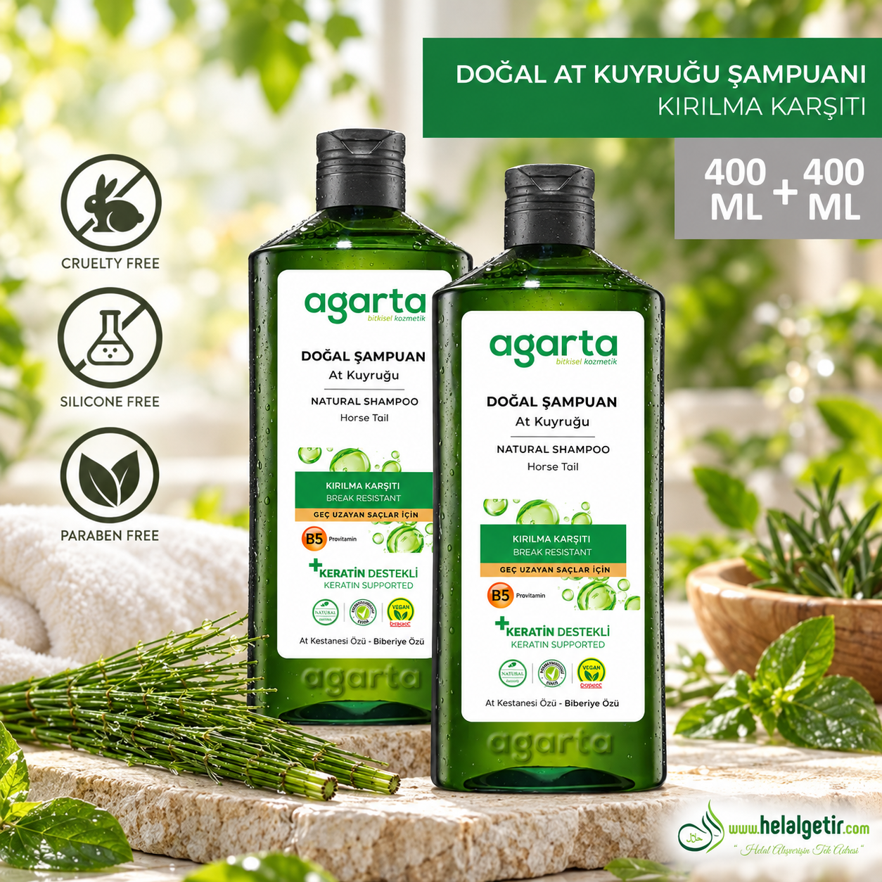 Agarta 2 Adet Doğal At Kuyruğu Özlü Tuzsuz Şampuan 400ml+400ml