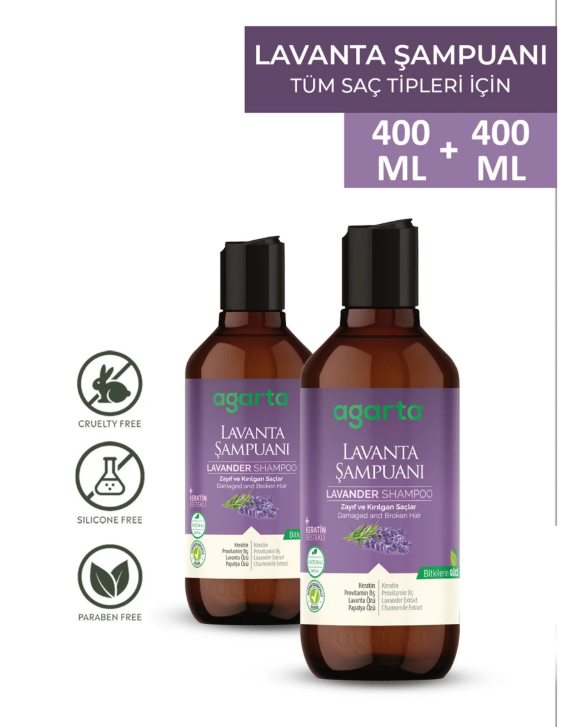 Agarta Doğal 2 Adet Lavanta Özlü Keratin Şampuanı 400ml+400ml