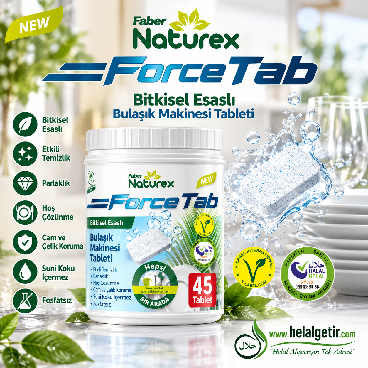 Faber Naturex Force Tab - Bitkisel Esaslı Bulaşık Yıkama Tableti Temizleyici - Parlatıcı - Kireç Çözücü - 45 Tablet