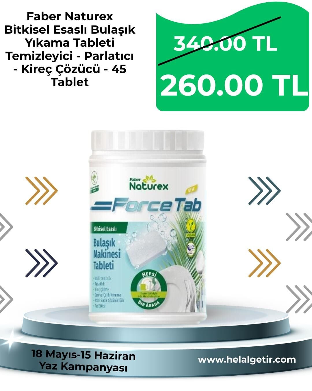 Faber Naturex Force Tab - Bitkisel Esaslı Bulaşık Yıkama Tableti Temizleyici - Parlatıcı - Kireç Çözücü - 45 Tablet