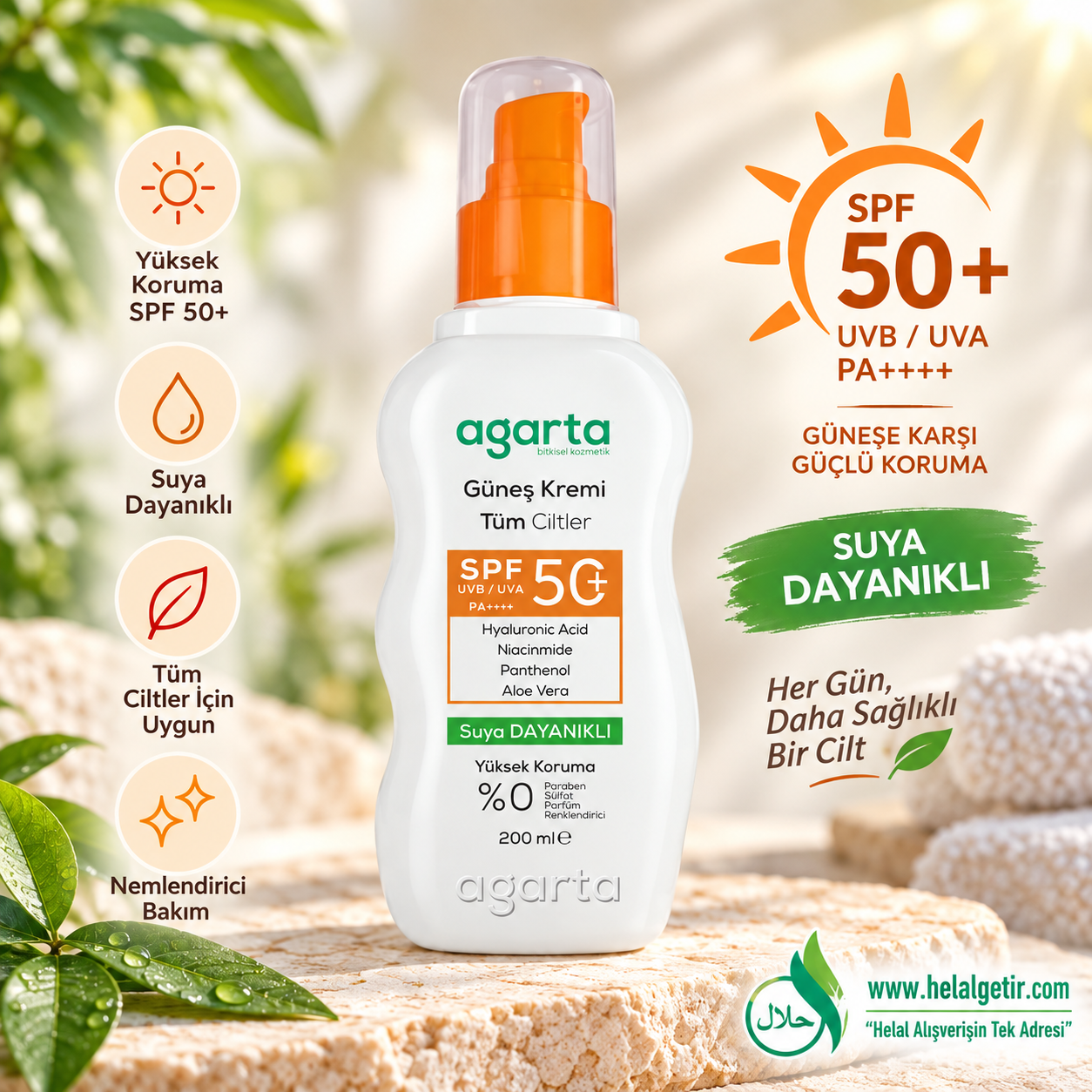 Agarta Yüksek Koruma SPF 50+ Yüz Vücut Güneş Koruyucu Yetişkin 200 ml