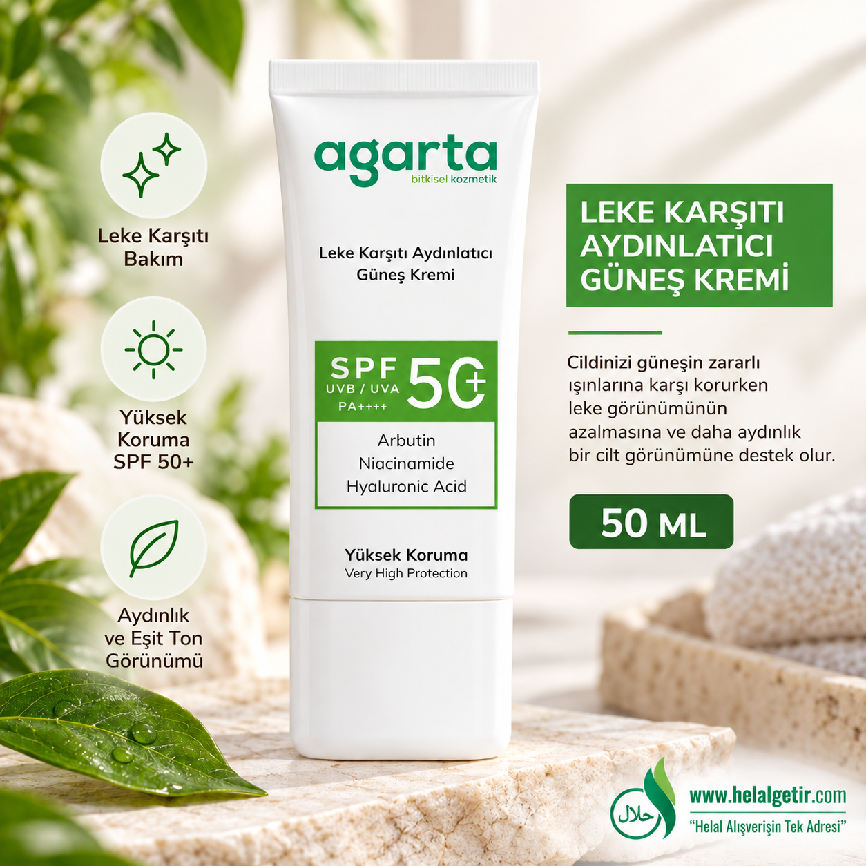 Agarta Leke Karşıtı Aydınlatıcı 50 Ml Spf+50 Yüz Güneş Kremi