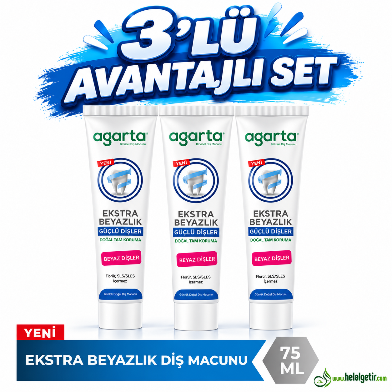 Agarta Doğal Ekstra Beyazlık Güçlü Dişler Diş Macunu 75 Ml 3lü Set