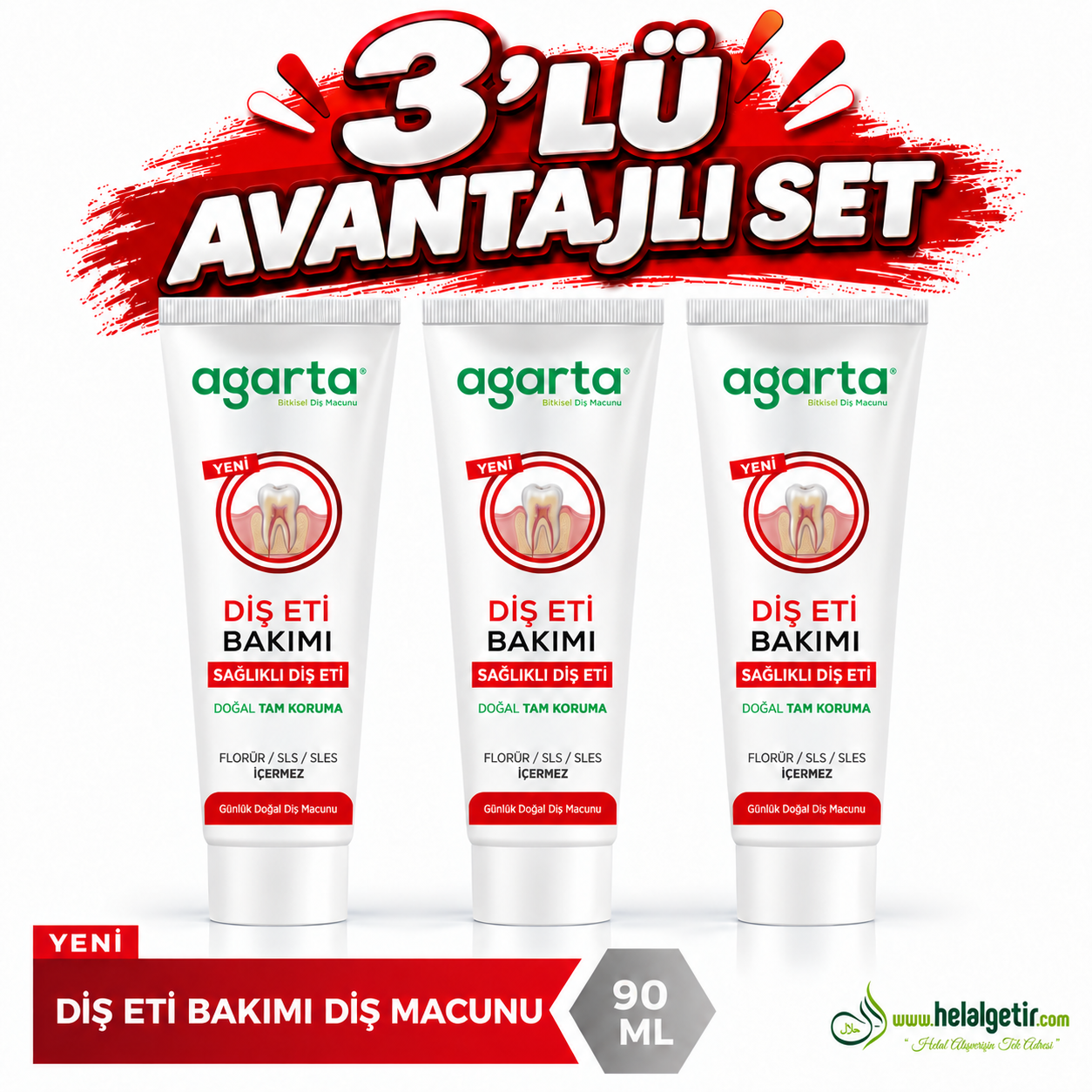 Agarta Doğal Diş Eti Bakımı Plak Karşıtı Diş Macunu 90 Ml 3lü Set