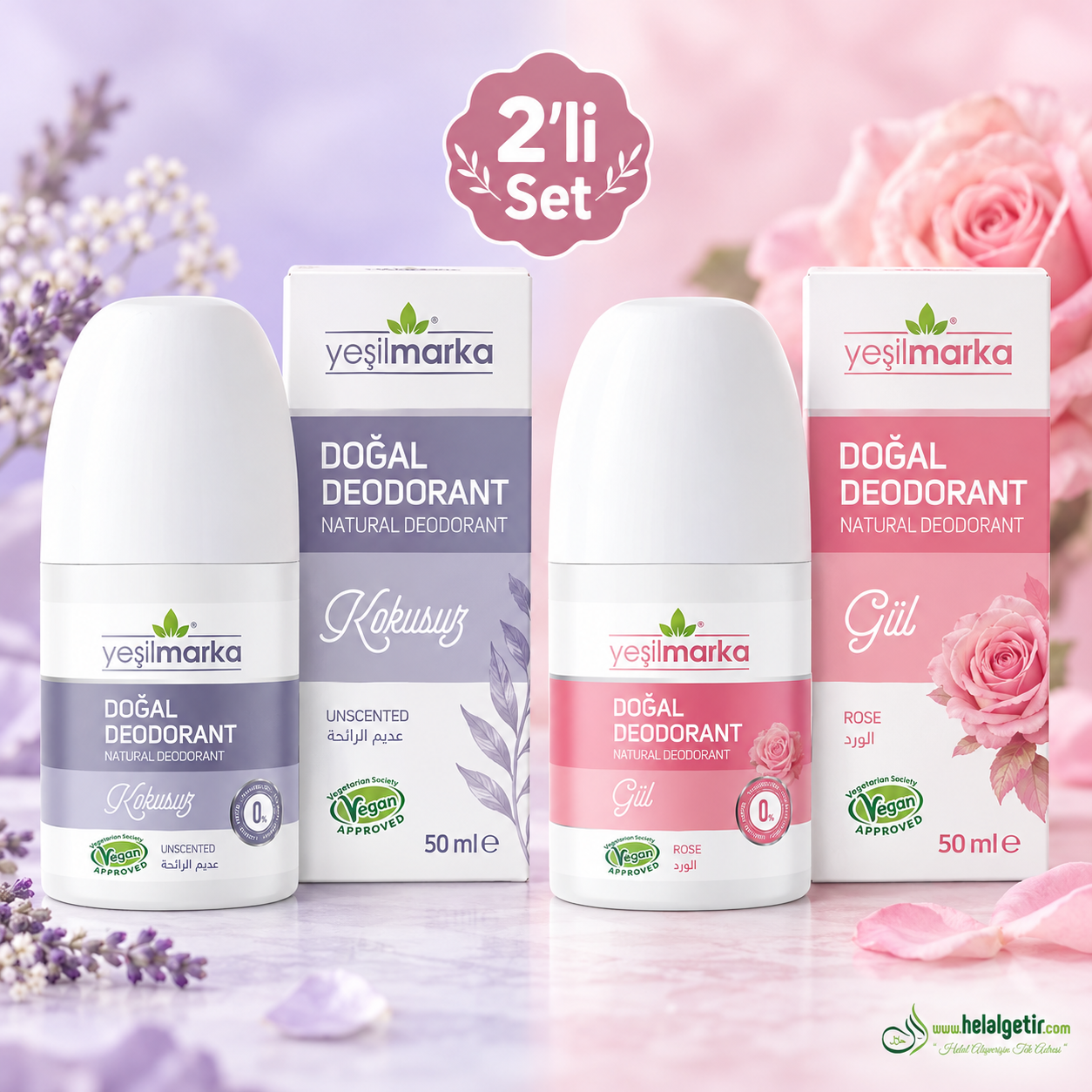 Yeşilmarka Doğal Deodorant – Kokusuz & Gül 50ml*2li Set