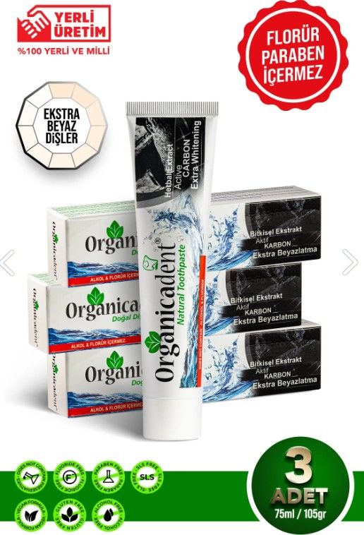 Organicadent Aktif Karbonlu Doğal Diş Macunu 105gr*3lü set